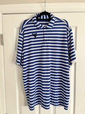 Used WVU Nike Golf Dri-fit Polo. Royal/White Striped W/ Black WV. XL