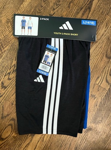 ADIDAS Shorts L (14/16) 2-Pck Youth Boys' Athletic Black Blue #AG10384 NEW!