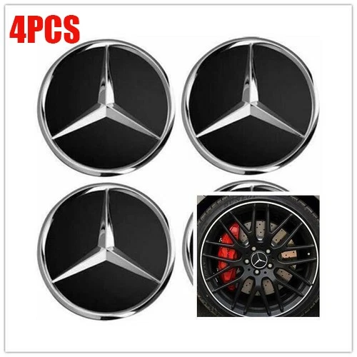 BLACK MERCEDES BENZ SET OF 4PCS 2.95in/75MM Wheel Center Caps Fits Most Models - Image 2 of 4