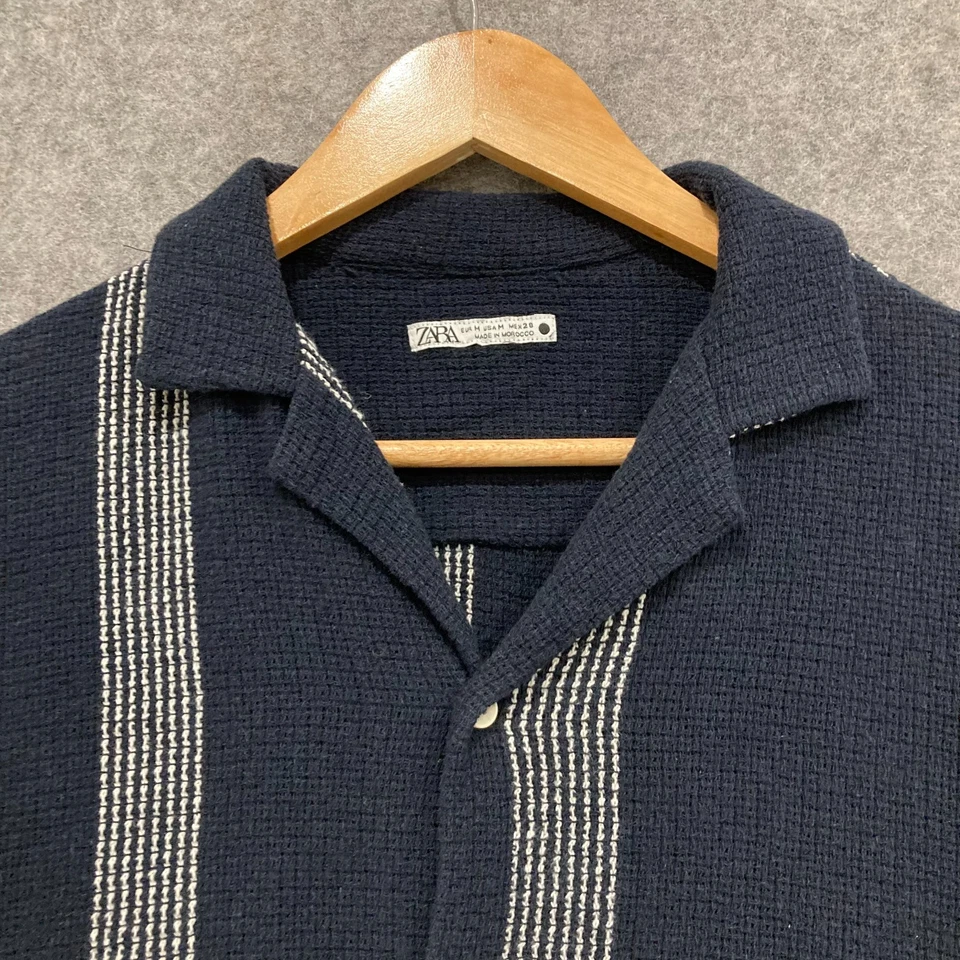 Zara Shirt Mens Size Medium Blue Knit Short Sleeve Button Up Slim 39334 - Image 3 of 4