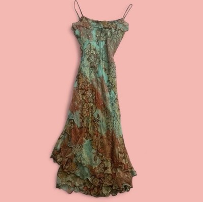 Rare French Designer Rene Derhy Bohemian Watercolour Florals Sequinned Dress M