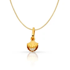 14K Yellow Gold Clam Shell Cultured Pearl Charm Pendant 0.8mm Box Chain Necklace