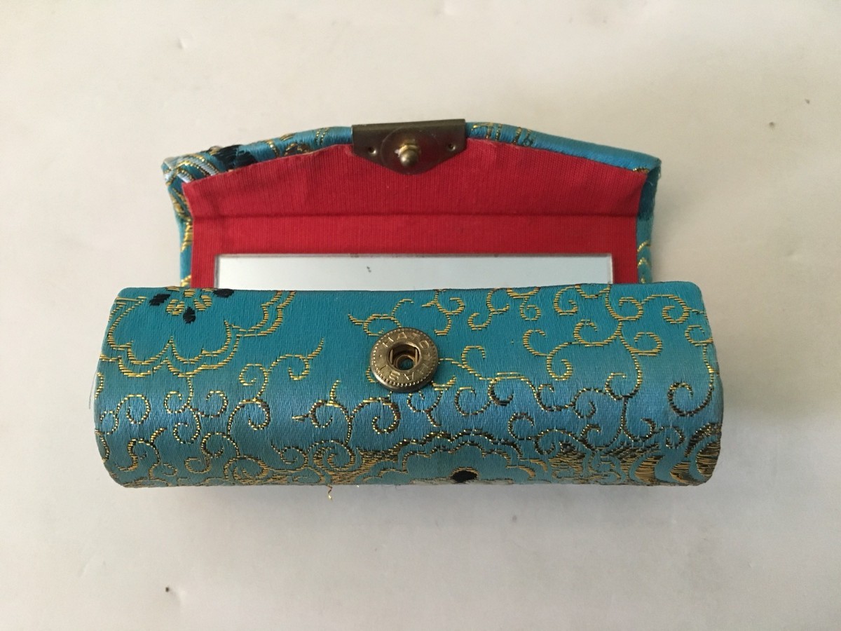 VINTAGE HASI HATO JAPAN TEAL FLORAL LIPSTICK CASE with MIRROR
