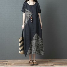 Women Baggy Cotton Linen Dress Short Sleeve Skirt Ethnic Patchwork Midi Lady New