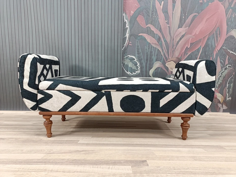 Armed Storage Ottoman Bench with White and Black Modern Living Room Seat - Image 3 of 4