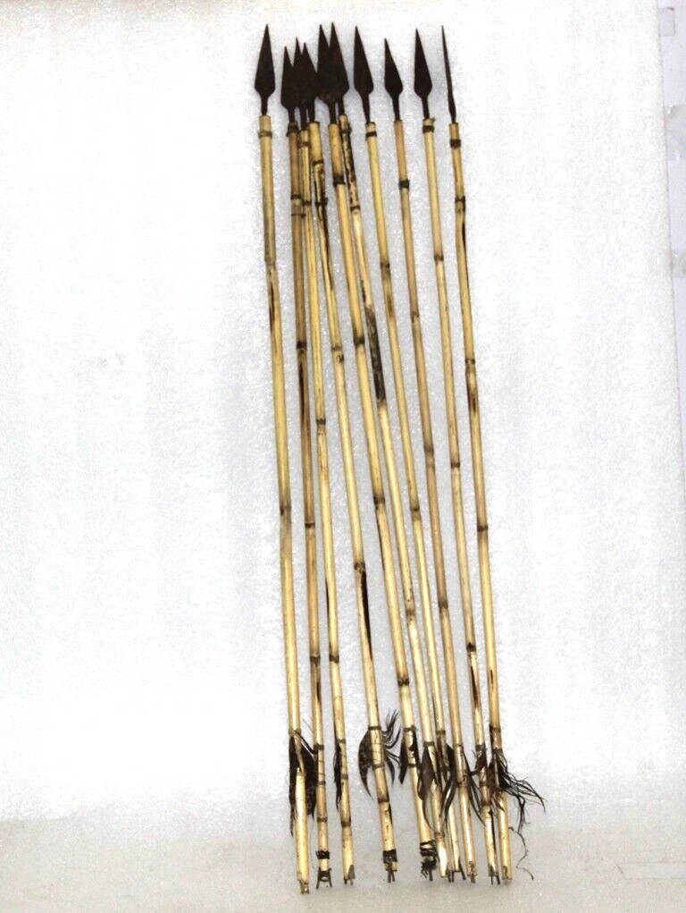 1870 s Vintage Real FEATHER Archery Bamboo Bow Arrow Set of 10 Handcrafted Old