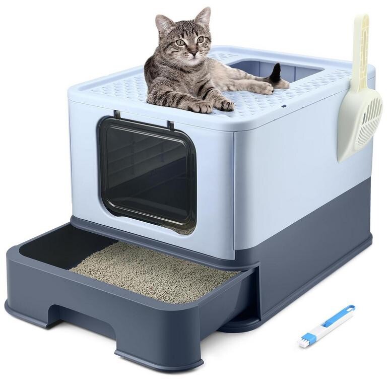 Foldable Cat Litter Box, Multiple Cats Enclosed Dual Entrance Easy Clean Pullout