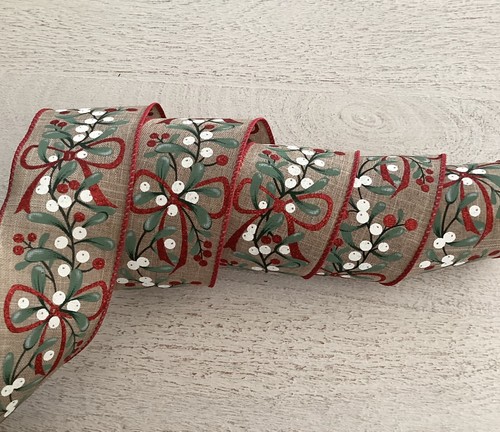 5 YARDS CHRISTMAS MISTLETOE PRINT WIRED EDGE RIBBON, 2 1/2" Wide - Picture 2 of 5