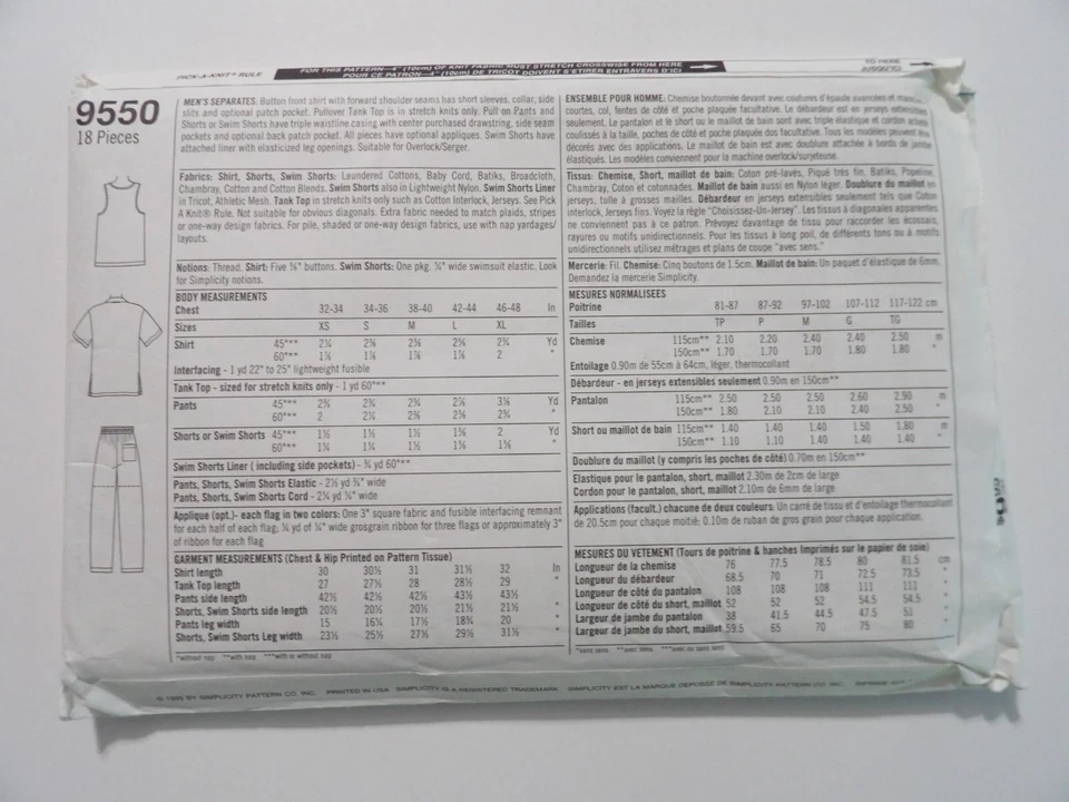 Simplicity 9550 Men's Shirt, Tank Top & Pants Size XS-M (32-40 Chest) Uncut - Image 3 of 3