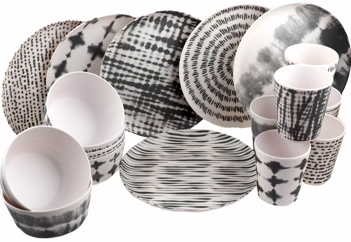 Melamine Dinner Set 18 Piece Plates Bowls Cups Set Black Tie Dye Crockery for 6