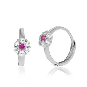hoop huggie 14k cz ruby earrings flower gold