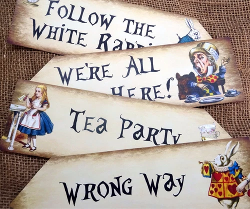 Set of 4 Colourful Alice in Wonderland Decoration Arrow Signs