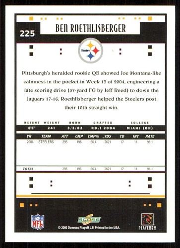 2005 Score Glossy #225 Ben Roethlisberger - Picture 2 of 2