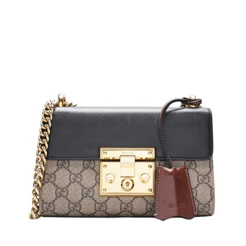 Petit sac à bandoulière Gucci noir GG Supreme cadenas chaîne à rabat