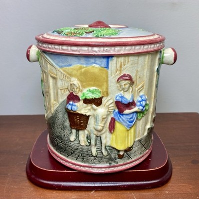 Vintage 5.75  Japanese Majolica Ceramic Cookie Jar Hand Painted Ladies & Fruit