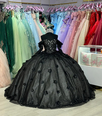 Black Quinceanera Dresses Off Shoulder Long Sleeves Beading Sweet 16 Ball Gown