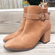 Vionic Tenley Ankle Boot Tan Brown Suede Bootie Side Zip Buckle Size 6.5