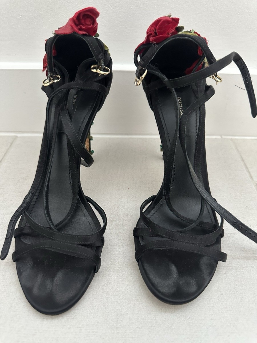 DOLCE & GABBANA●Keira ローズ付きサテンハイヒールサンダル Satin sandals with rose embellishment in Black for Women