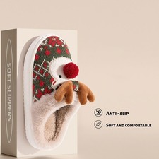 Women's  Men's Cute Christmas Elk Fleece Slippers, Winter Cozy Home Anti-Slip