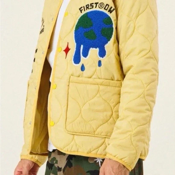 NWT Unisex SMALL First Row Quilted Jacket Yellow Melting Earth Graphic Bomber - product detail image 2