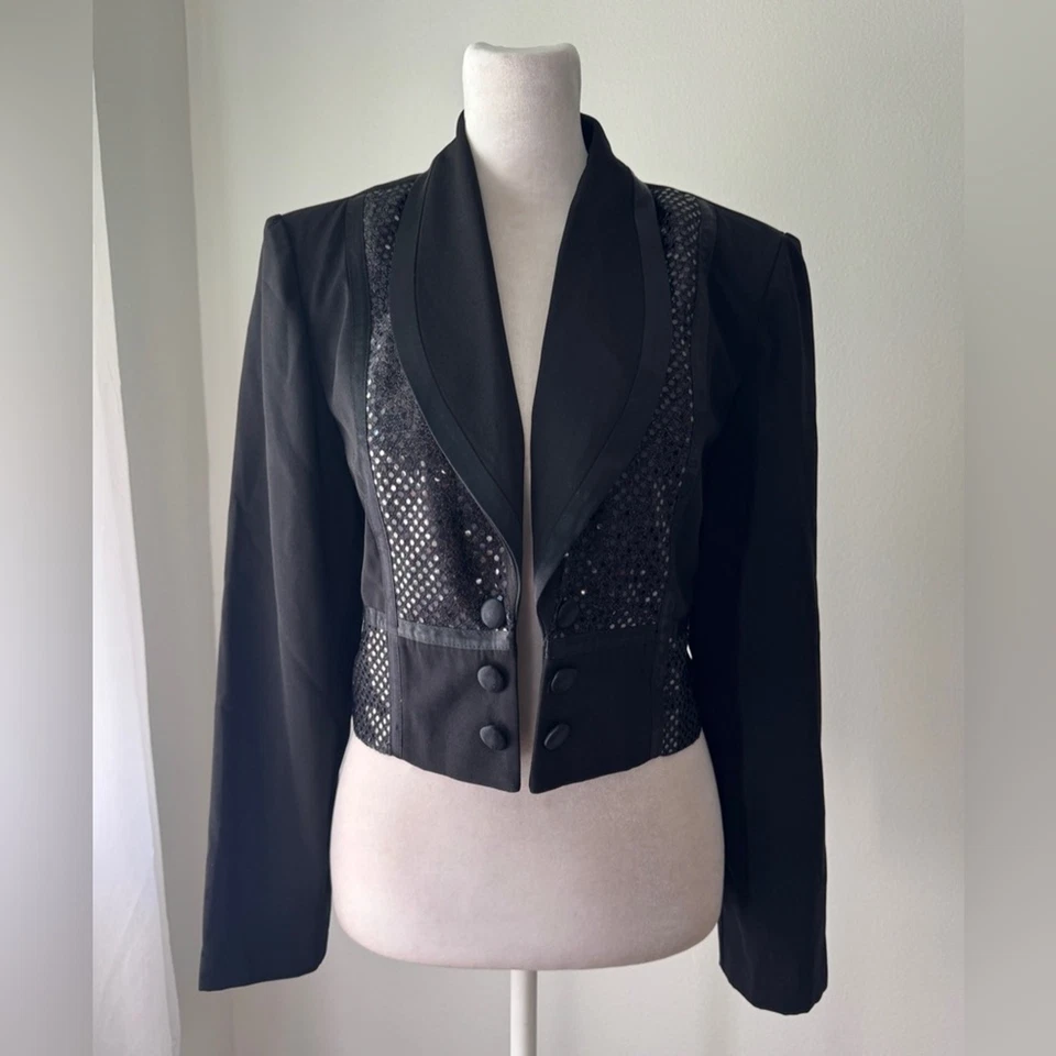 Vintage ‘90s Perceptions by Irene B Black Sequined Cropped Tuxedo Jacket - Image 3 of 4