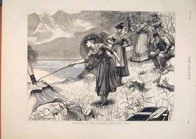 Original alter antiker Druck Bayerische Alpen Echo Touristen Bayern 1876 Viktorianisch