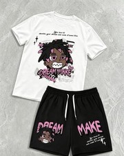 Men's 2-Piece Graphic Print T-Shirt Drawstring Shorts Set M White/Black