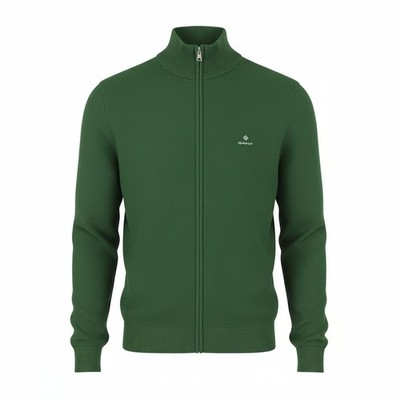 GANT Cotton Pique Zip Cardigan Men Jumper XL Forest Green Melange zip Knit