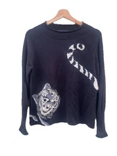 Vintage Michael Simon Sweater Women M Black Beaded Elephant Silk Cotton Pullover