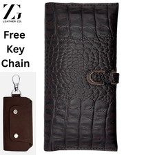 Genuine Leather Long Bifold Wallet Coffee Brown Unisex Card Holder Purse Gift