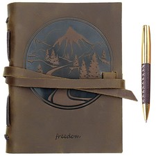 Leather Bound Journal for Men and Women, Handmade Gift Set with Mountain Embo...