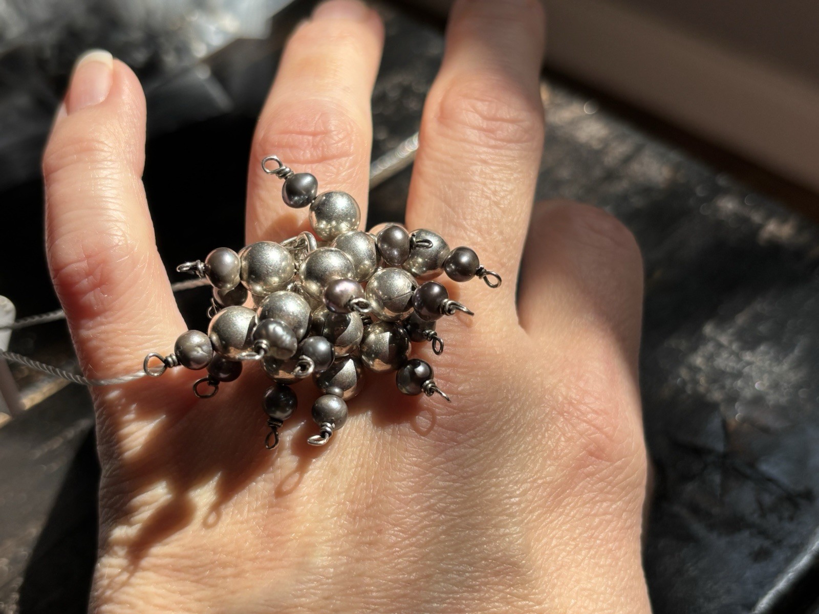 Sterling Silver Statement Ring with Dangle Beads … - image 4