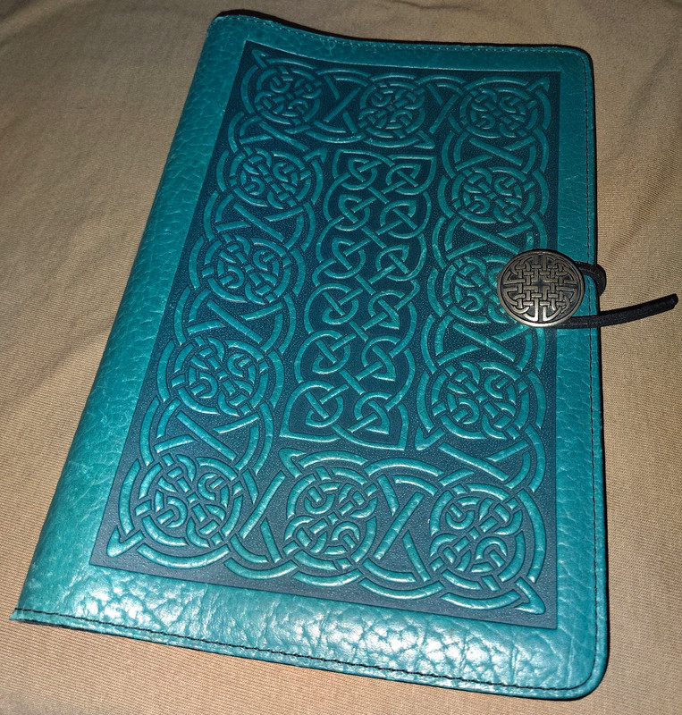 Oberon Design Celtic Pattern Leather Book Cover Teal/Black Elastic Closure 8.5"