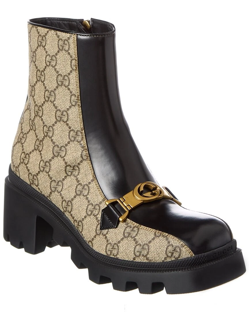 Gucci Interlocking G Horsebit Gg Supreme Botte Femme Toile et Cuir Noir 34