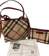 Authentic Burberry Nova Check Canvas Handbag Red Leather Trim and Pouch