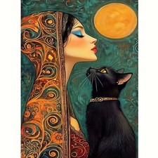Moody Woman Diamond Art Kits for Adults,Black Cat 5D Diamond Painting Kits for A