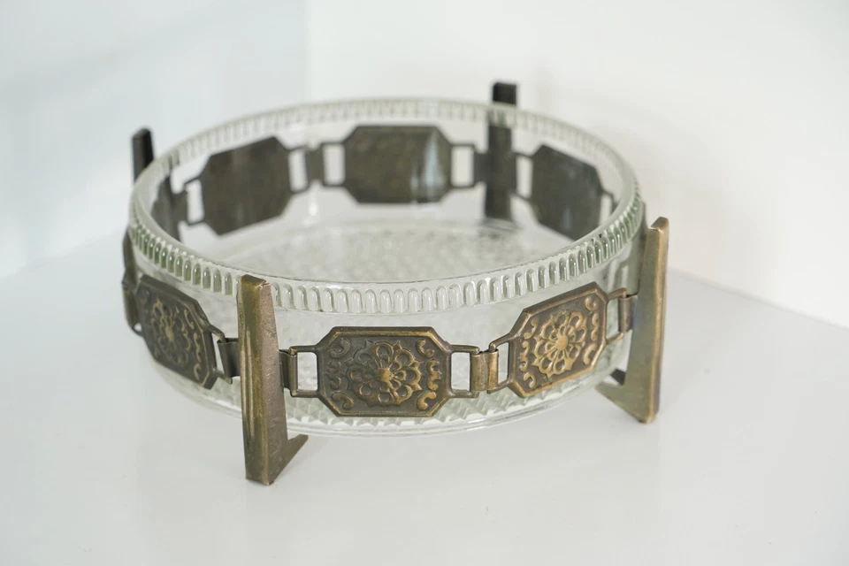 Cuenco de vidrio soviético vintage de 7" con soporte de latón - estilo Art Deco de la URSS de los años 60 Foto 3 de 4
