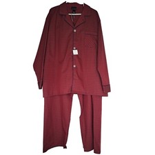 Vintage 90s Bill Blass Men's Burgundy Plaid Pajama Set Navy Blue Trim Pocket