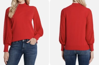 NWT CeCe Clip Dot Sleeve Sweater - Relaxed Cuff Long Sleeve - Red Size Large