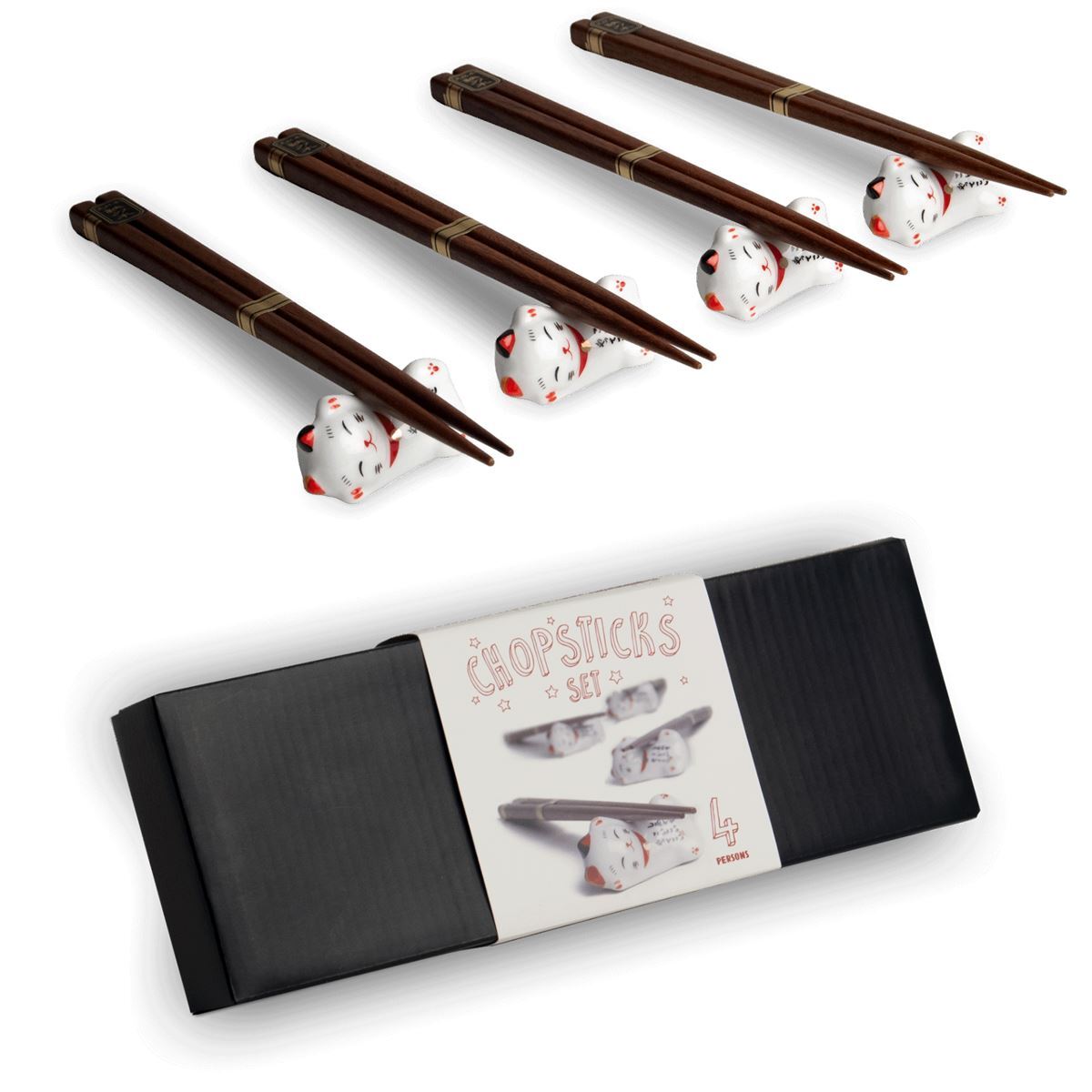 084 Chopsticks 4 Paar 8 tlg. Set Stäbchen Essstäbchen Bänkchen Katze