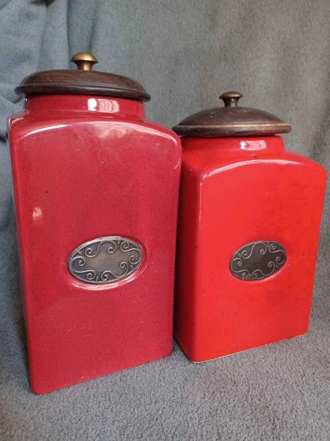 PIER 1 Import Rustic Brick Red Pair Ceramic Canister Set W/ Vacuum Sealed Lids
