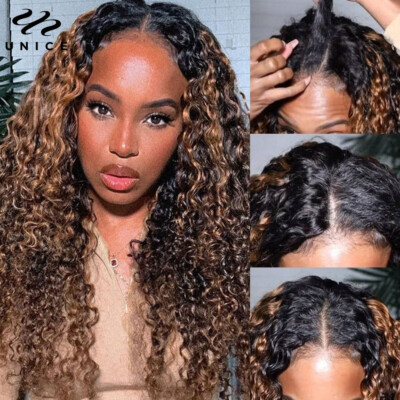 UNice Mongolian Ombre Brown Curly V Part Human Hair Wig Wear Go Glueless HD Lace