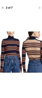 Tory Burch Striped Ribbed Turtleneck Sweater XL Blue Tan Merono Wool Stretch 