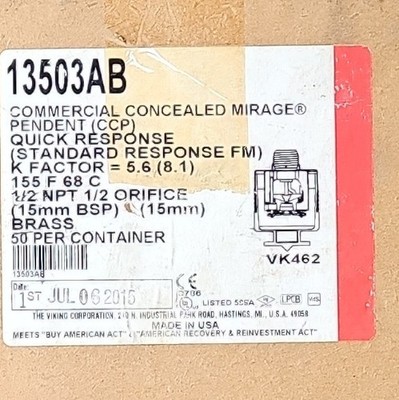 41 Viking Mirage Concealed Pendent Sprinkler Heads 155°F VK462 13503AB Brass New