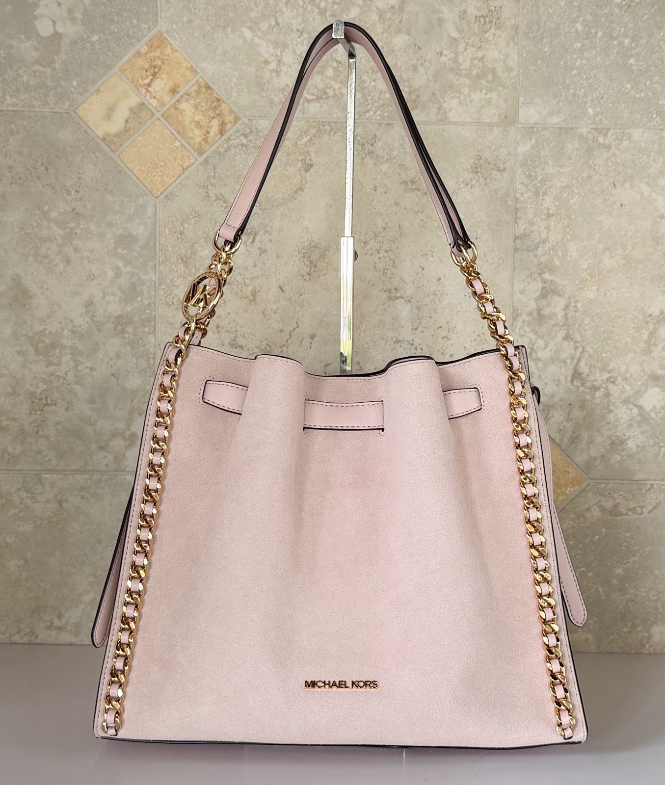 Michael Kors Mina Large Belted MK Chain Shoulder Bag Pink Powder Blush
