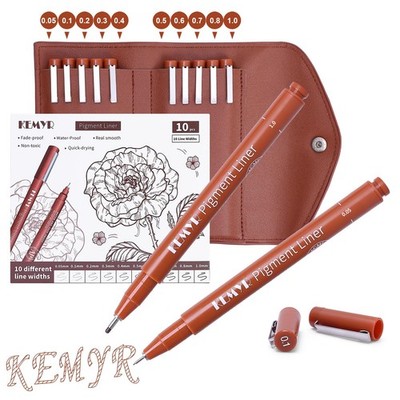 10 Micro Fine Liner Drawing Art Pens 0.05-1.0mm Sepia Ink Waterproof