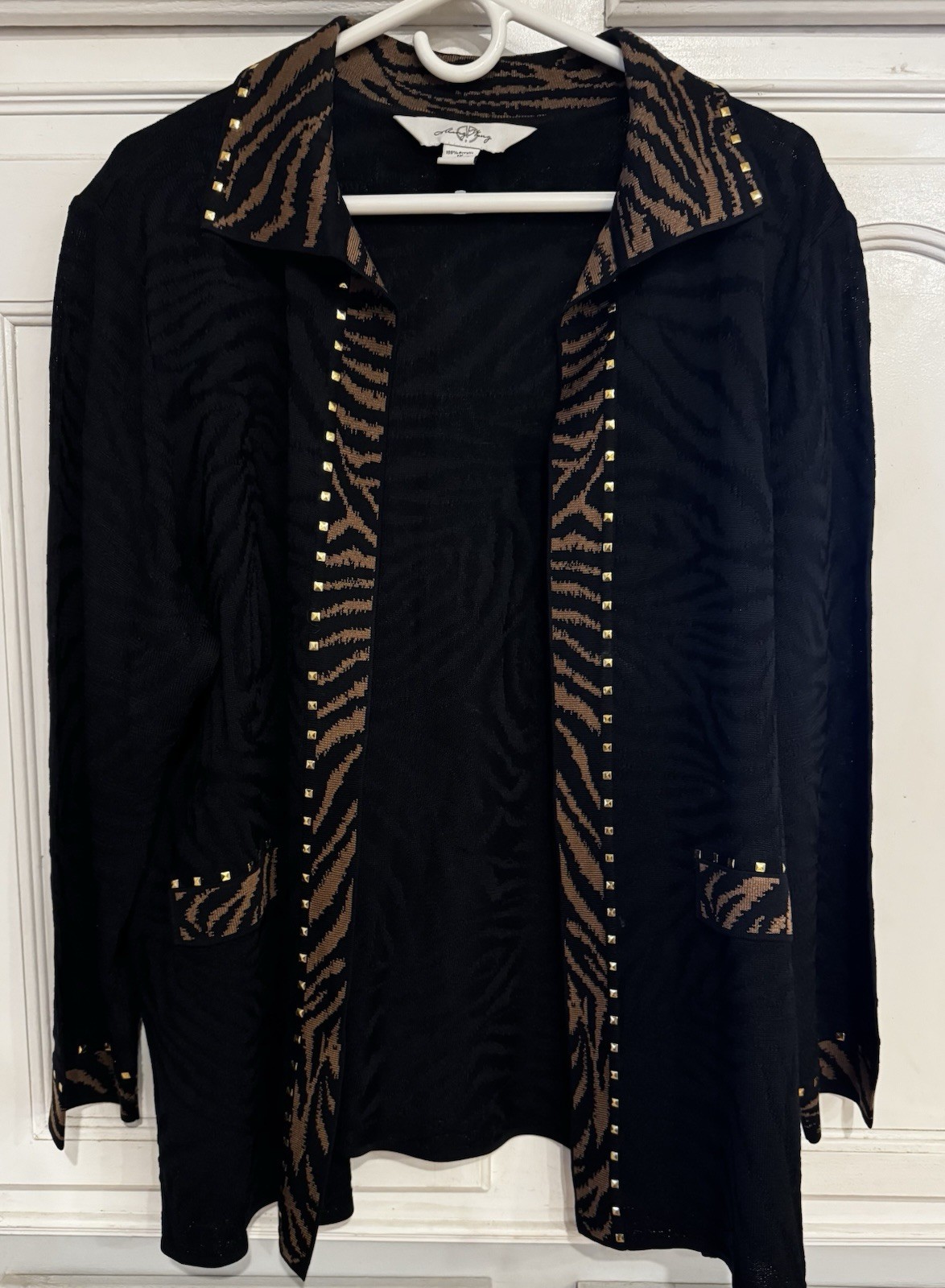 Ming Wang Womens Open Knit Black Jacket leopard Embellished Trim Long Sleeve 1X