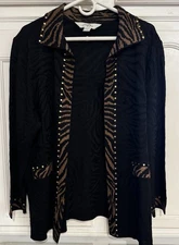 Ming Wang Womens Open Knit Black Jacket leopard Embellished Trim Long Sleeve 1X