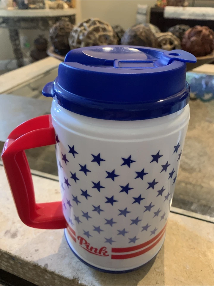 Victoria's Secret Pink Water Bottle Chug Mug Americana Red White Blue Flag 24 oz - Image 3 of 4