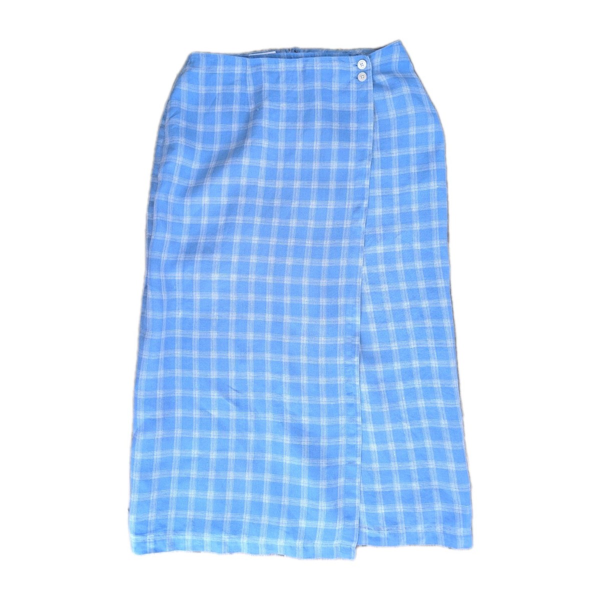 イタリア Talbot 100% Irish Linen Midi Skirt Wrap Blue Check Sz 12 Modest